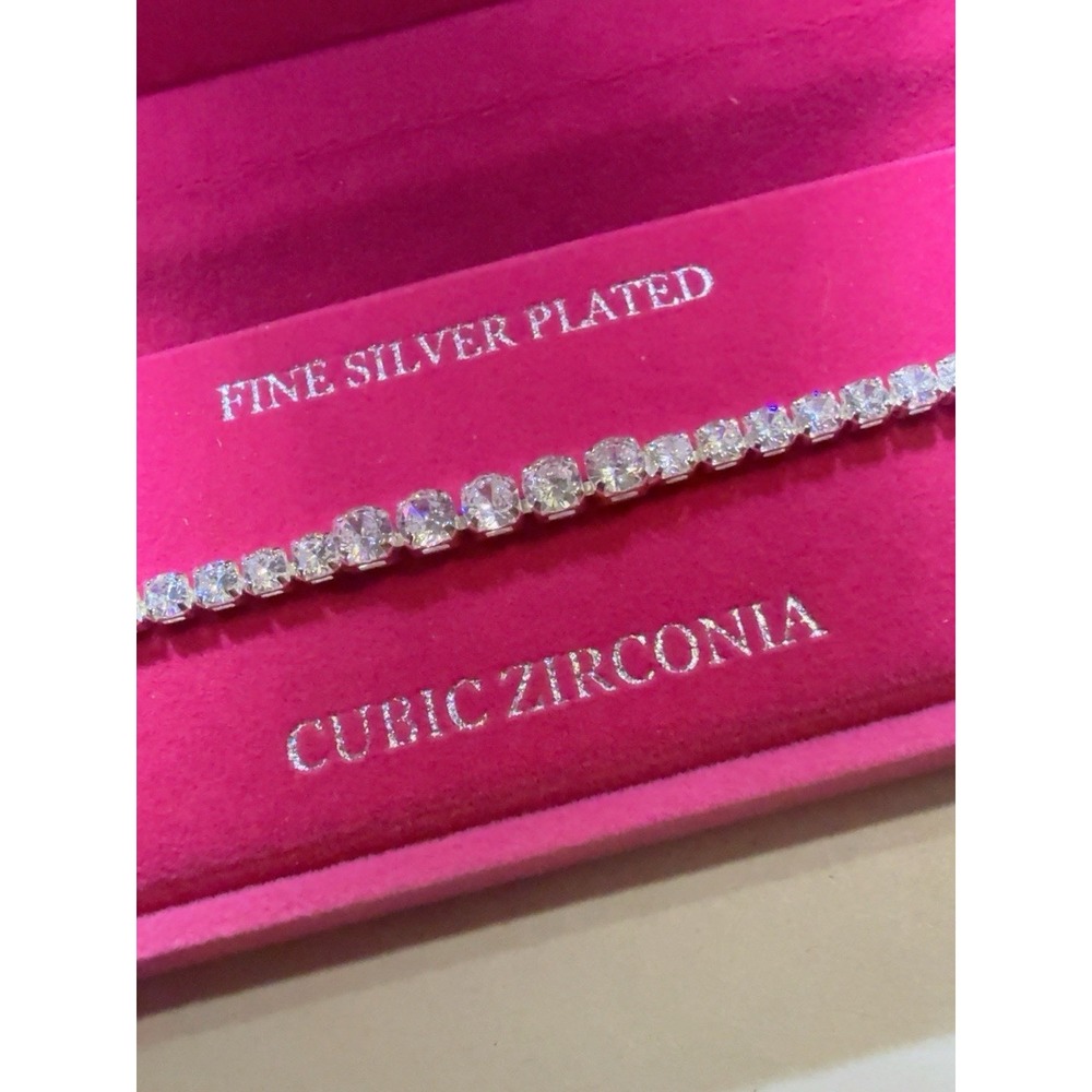 G0238-Danecraft Fine Silver Plated Cubic Zirconia Tennis Bracelet Pink Box 7.5"
